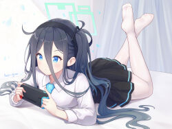  1girl absurdly_long_hair aris_(blue_archive) artist_name black_hair black_hairband black_skirt blue_archive blue_eyes blue_necktie blush closed_mouth collared_shirt green_halo hairband halo handheld_game_console highres holding holding_handheld_game_console long_hair lying necktie no_shoes on_stomach one_side_up pantyhose playing_games pleated_skirt ringed_eyes shirt signature skirt smile solo the_pose very_long_hair white_pantyhose white_shirt xgao 