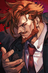  1boy beard brown_hair collared_shirt facial_hair formal guilty_gear guilty_gear_strive hungry_clicker looking_at_viewer male_focus monocle mustache necktie red_eyes red_necktie shirt short_hair slayer_(guilty_gear) smirk solo spiked_hair suit upper_body white_shirt 