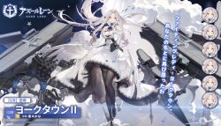  1girl artist_request azur_lane black_footwear black_pantyhose blue_eyes breasts character_name cleavage closed_mouth commentary_request dress expressions grey_hair highres kurumi_(recycllamo) large_breasts long_hair looking_at_viewer low_wings official_art pantyhose promotional_art rigging shoes smile solo translation_request white_dress white_wings wings yorktown_(azur_lane) yorktown_ii_(azur_lane)  rating:Sensitive score:13 user:danbooru