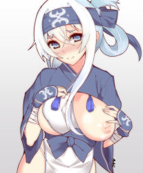 10s 1girl ainu ainu_clothes bad_id bad_pixiv_id bandana blue_eyes blush breasts cropped_jacket dress folded_ponytail headband inverted_nipples kabun kabun_(suzuna_jct) kamoi_(kancolle) kantai_collection large_breasts long_hair long_sleeves looking_at_viewer nipples one_breast_out sideboob sidelocks simple_background sleeveless sleeveless_dress smile solo thick_eyebrows white_dress white_hair rating:Questionable score:14 user:danbooru