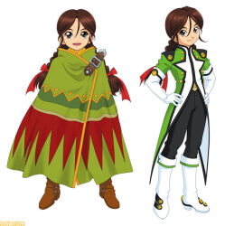  2girls artist_request belt belt_buckle black_pants boots braid brown_belt brown_eyebrows brown_eyes brown_footwear brown_hair buckle buttons child closed_mouth coattails dots double-breasted dual_persona elbow_gloves famitsu gloves gold_buttons green_poncho green_sleeves green_uniform hair_between_eyes hands_on_own_hips long_hair low-tied_long_hair low_ponytail multiple_girls o-ring_strap official_art open_mouth pants poncho red_ribbon ribbon rikaritta_aries sakura_taisen sakura_taisen_v second-party_source sega short_sidelocks simple_background sliver_buckle smile standing striped_clothes striped_pants twin_braids vertical-striped_clothes vertical-striped_pants watermark white_background white_footwear white_gloves yellow_collar zig-zag_pattern 