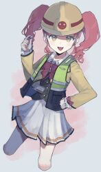  1girl :d absurdres akagi_anna amino_(li0a4) bad_id bad_twitter_id blunt_bangs cropped_legs diamond_(gemstone) gem green_jacket hand_on_own_hip hand_up hard_hat helmet highres holding holding_gem id_card jacket kirarigaoka_middle_school_uniform kiratto_pri_chan lanyard long_hair long_sleeves looking_at_viewer open_mouth pleated_skirt pretty_series red_hair school_uniform skirt sleeveless sleeveless_jacket smile solo standing twintails white_skirt yellow_eyes yellow_jacket 