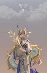  1girl absurdres arknights bare_shoulders beads blonde_hair blue_hair character_name chinese_commentary closed_mouth cloud commentary_request copyright_name dated dragon_girl dragon_horns dragon_tail earrings expressionless feet_out_of_frame green_eyes grey_hair grey_sky hair_between_eyes hair_intakes highres holding holding_plant horns jacket jewelry long_hair long_sleeves looking_at_viewer multicolored_hair necklace off_shoulder open_clothes open_jacket outdoors pants plant pointy_ears purple_jacket qilin1213 red_pupils shu_(arknights) sky solo standing strapless tail tube_top two-sided_fabric two-sided_jacket white_jacket white_pants white_tube_top 