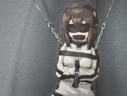  1girl bdsm blindfold bondage bound brown_hair chain earmuffs gag gagged immobilization improvised_gag isolation sensory_deprivation solo straitjacket strap tape tape_gag  rating:Questionable score:53 user:Lord-General