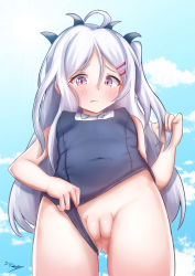  1girl absurdres blue_archive blush boppin cleft_of_venus clothing_aside female_focus gluteal_fold highres hina_(blue_archive) horns legs loli looking_at_viewer outdoors pussy school_swimsuit solo swimsuit swimsuit_aside white_hair  rating:Explicit score:353 user:tool1