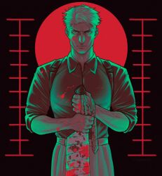  1boy bandaged_hand bandages blonde_hair blood blood_on_clothes blood_on_face blood_sword closed_mouth collared_shirt cowboy_shot facing_viewer g00miato highres jujutsu_kaisen long_sleeves looking_at_viewer male_focus nanami_kento red_eyes serious shirt solo v-shaped_eyebrows veins 