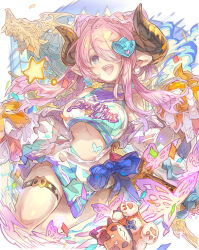  1girl alternate_costume bare_shoulders blue_eyes breasts bug butterfly cheerleader commentary_request crop_top glowing_butterfly granblue_fantasy hair_over_one_eye haku_(sabosoda) highres horns insect large_breasts long_hair miniskirt narmaya_(granblue_fantasy) open_mouth pink_hair pleated_skirt pointy_ears pom_pom_(cheerleading) shirt skirt sleeveless sleeveless_shirt smile solo stuffed_animal stuffed_toy teeth underboob upper_teeth_only vyrn_(granblue_fantasy) white_shirt white_skirt 