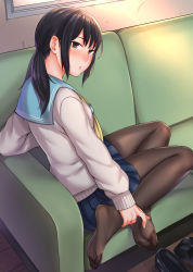 1girl bad_id bad_pixiv_id black_hair black_pantyhose blush brown_eyes couch feet from_side highres indoors kyuuso_inukami loafers long_hair looking_at_viewer low_twintails nose_blush on_couch original pantyhose parted_lips school_uniform serafuku shoe_soles shoes unworn_shoes sidelocks sitting soles solo sweater thighs toes tsurime twintails rating:Sensitive score:48 user:danbooru