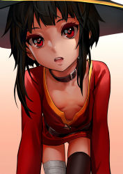 10s 1girl as109 bandages belt black_hair black_thighhighs blush breasts collar collarbone commentary_request downblouse dress extended_downblouse gluteal_fold hat highres kono_subarashii_sekai_ni_shukufuku_wo! lips loli looking_at_viewer megumin navel no_bra open_mouth red_eyes revision short_hair single_thighhigh small_breasts solo thighhighs witch_hat rating:Questionable score:471 user:danbooru