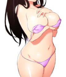  black_hair bra breasts faceless faceless_female hands_on_own_chest holding holding_bra holding_underwear large_breasts long_hair panties pink_bra pink_panties string_bra string_panties underwear  rating:Questionable score:30 user:Chelseal