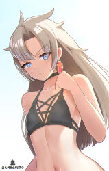  1girl a_(xenoblade) absurdres bikini blue_eyes blush breasts highres messy_hair navel simple_background solo swimsuit xenoblade_chronicles_(series) xenoblade_chronicles_3 xenoblade_chronicles_3:_future_redeemed zambonito  rating:Sensitive score:3 user:danbooru
