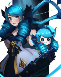 1girl ahoge black_bow black_gloves blue_hair blush bow breasts character_doll collarbone doll dress drill_hair gloves green_eyes green_hair gwen_(league_of_legends) hair_bow highres holding holding_scissors large_breasts league_of_legends long_hair mika_(miko1204) oversized_object parted_lips scissors smile solo teeth twin_drills twintails twitter_username white_background rating:Sensitive score:7 user:danbooru