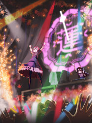  2girls arms_up audience black_headphones black_pantyhose brown_hair clenched_hands colored_lights commentary_request dj dress excited glowstick grey_hair hand_on_headphones heart heart_hands highres laorenxing link!_like!_love_live! logo long_hair long_sleeves love_live! multicolored_hair multiple_girls pantyhose penlight_(glowstick) purple_dress red_eyes red_hair short_hair sparks stage streaked_hair take_it_over_(love_live!) w waving wide_shot yugiri_tsuzuri 