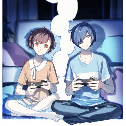  1boy 1girl absurdres barefoot black_pants blank_speech_bubble blue_hair border brown_hair controller couch crossed_legs curtains cushion game_controller grey_eyes hair_over_one_eye highres holding holding_controller holding_game_controller indoors interior light_particles looking_at_viewer night night_sky on_floor pants persona persona_3 playing_games ponytail red_eyes shadow shiomi_kotone shirt short_hair shorts sitting sky smile speech_bubble t-shirt tsubsa_syaoin white_border yuuki_makoto_(persona_3)  rating:General score:12 user:danbooru