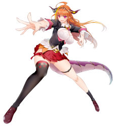  1girl absurdres ahoge blunt_bangs bow breasts cleavage cleavage_cutout clothing_cutout dragon_horns dragon_tail fangs gluteal_fold hairband highres hololive horn_bow horn_ornament horns kiryu_coco kiryu_coco_(1st_costume) large_breasts legs_apart long_hair noumin open_mouth orange_hair pleated_skirt pointy_ears purple_eyes single_thighhigh skirt solo tail thigh_strap thighhighs virtual_youtuber white_background  rating:Sensitive score:12 user:danbooru