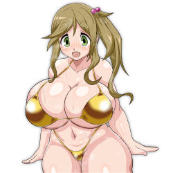  1girl alternate_breast_size artist_request bikini blush breasts cleavage curvy fang gold_bikini green_eyes highleg highleg_bikini highres huge_breasts inuyama_aoi looking_at_viewer open_mouth side-tie_bikini_bottom side_ponytail simple_background skin_fang skindentation smile solo swimsuit thick_thighs thighhighs thighs thong thong_bikini wide_hips yurucamp  rating:Questionable score:3 user:popotepopote