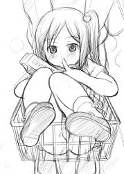 1girl blush finger_to_mouth greyscale loli looking_at_viewer monochrome shopping_cart shushing sketch smile solo source_request wancho rating:Questionable score:59 user:danbooru