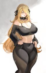  1girl artist_name bare_shoulders black_bra black_pants black_shirt blonde_hair blush bra breasts chaichne cleavage commentary creatures_(company) curvy cynthia_(pokemon) english_commentary fur-trimmed_sleeves fur_collar fur_trim game_freak grey_eyes hair_ornament hair_over_one_eye hands_on_own_hips highres large_breasts long_hair mature_female midriff navel nintendo off-shoulder_shirt off_shoulder pants pokemon pokemon_dppt shirt smile solo thick_thighs thighs tight_clothes tight_pants underwear very_long_hair wide_hips 