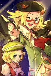  1girl ;d ascot beret bianca_(champion)_(pokemon) bianca_(pokemon) blonde_hair clenched_hand closed_mouth commentary_request creatures_(company) eyelashes game_freak green_eyes green_hat hand_up hat highres looking_at_viewer multiple_views natupath_summer nintendo one_eye_closed open_mouth pokemon pokemon_bw pokemon_masters_ex red-framed_eyewear red_ascot semi-rimless_eyewear short_hair smile sparkle teeth upper_teeth_only 
