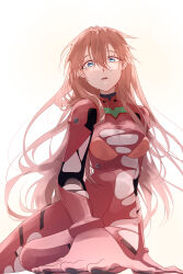  1girl arm_support artist_request blue_eyes bodysuit breasts brown_hair embarrassed evangelion:_3.0+1.0_thrice_upon_a_time hair_down highres interface_headset lips logo long_hair looking_at_viewer medium_breasts neon_genesis_evangelion plugsuit rebuild_of_evangelion red_bodysuit shiny_clothes simple_background sitting skin_tight solo souryuu_asuka_langley sweat torn_bodysuit torn_clothes very_long_hair wide_hips 