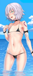  1girl absurdres bare_shoulders bikini black_bikini breasts cameltoe facial_scar fate/apocrypha fate/grand_order fate_(series) green_eyes hair_between_eyes highres jack_the_ripper_(fate/apocrypha) loli looking_at_viewer micro_bikini orochi_itto scar scar_across_eye scar_on_cheek scar_on_face short_hair shoulder_tattoo small_breasts solo swimsuit tattoo thighs white_hair  rating:Questionable score:111 user:danbooru