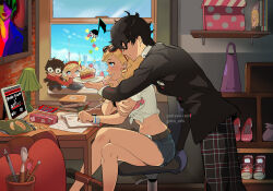 1boy 1girl amamiya_ren bag bare_legs behind_another belt black-framed_eyewear black_hair black_jacket blonde_hair blue_eyes blue_shorts book breasts brick_wall brown_belt cake cake_slice chair chips_(food) couple crossed_legs cutoffs day denim denim_shorts desk earphones eyewear_on_head food from_side fruit giving giving_food goro_orb grin highres hug hug_from_behind indoors jacket lamp left-handed lofi_girl_(youtube) medium_breasts midriff musical_note navel open_book paintbrush pants paper persona persona_5 picture_frame plaid plaid_pants plate red-framed_eyewear school_uniform shelf shirt shoes short_shorts shorts shuujin_academy_school_uniform sitting smile solo sparkling_eyes spoken_musical_note stomach stuffed_toy sunglasses tablet_pc takamaki_anne thighs tied_shirt twintails watermelon watermelon_slice wavy_hair white_shirt window writing 