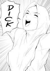  1girl blush emphasis_lines closed_eyes highres hijab monochrome nigaw solo speech_bubble tagme upper_body  rating:Explicit score:55 user:Ahegao_lmao