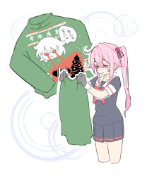  1girl :3 black_gloves black_serafuku black_shirt black_skirt blush christmas_sweater closed_mouth commentary_request cropped_legs eye_beam gloves green_sweater half-closed_eyes hands_up harusame_(kancolle) holding holding_clothes jibakurei_(elite_unchi) kantai_collection long_hair looking_at_object neckerchief pink_hair pleated_skirt projected_inset red_eyes red_neckerchief sailor_collar school_uniform serafuku shirt short_sleeves side_ponytail simple_background skirt solo speech_bubble sweater tama_(kancolle) translation_request ugly_sweater white_background white_sailor_collar 