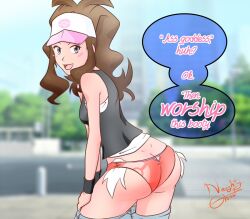  1girl ass ass_cutout bad_id bare_shoulders baseball_cap black_vest blue_eyes blurry blurry_background blush_stickers bracelet brown_hair building clothes_pull clothing_cutout creatures_(company) english_text flirting from_behind game_freak hat high_ponytail hilda_(pokemon) jewelry leaning_forward long_hair looking_at_viewer md5_mismatch naughtyghost nintendo orange_panties panties poke_ball_print pokemon pokemon_bw presenting print_panties profanity road seductive_smile shirt shorts shorts_pull sidelocks sidewalk signature smile solo speech_bubble street tank_top torn_clothes torn_shorts tree underwear undressing vest white_shirt 