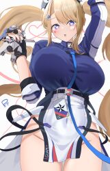  1girl absurdres artist_initials azur_lane blonde_hair blue_eyes breasts character_name collar english_text figurine fingernails guam_(azur_lane) hair_ornament hairpin heart heart-shaped_pupils heart_on_cheek highres holding_item large_breasts looking_at_viewer mecha nail_polish open_mouth riflech robot sleeve_rolled_up star symbol-shaped_pupils twintails 
