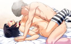 1boy 1girl another_story arched_back ass bed bed_sheet black_hair blue_eyes blush boy_on_top breast_sucking breasts choker cleavage feet_up grey_hair hand_on_another&#039;s_back hetero holding_hands hug interlocked_fingers lock long_legs lying marie_(persona_4) medium_breasts missionary moaning motion_lines narukami_yuu nude on_back own_hands_together persona persona_4 persona_4_the_golden saliva sex short_hair sitting source_request striped_clothes striped_thighhighs sweat thighhighs thighs vaginal wariza rating:Explicit score:144 user:danbooru