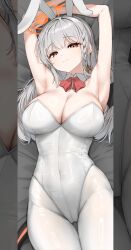  1girl absurdres animal_ears armpits black_tail blue_archive bow bowtie braid breasts cleavage closed_mouth cowboy_shot demon_tail detached_collar fake_animal_ears grey_hair halo haruna_(blue_archive) highres kagi_f large_breasts long_hair looking_at_viewer pantyhose rabbit_ears red_bow red_bowtie red_eyes red_halo side_braid smile solo tail white_pantyhose 