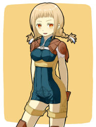  00s 1girl blonde_hair bodysuit braid eco142 feathers female_focus final_fantasy final_fantasy_xii feather_hair_ornament leather_armor long_hair orange_eyes penelo romper solo twin_braids twintails 