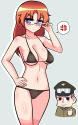  absurdres bikini black_bikini blue_eyes blush breasts brown_hair edytha_neumann erwin_rommel glasses highres large_breasts long_hair looking_at_viewer military_uniform navel simple_background strike_witches swimsuit thumbs_up uniform world_witches_series yuriseagull 