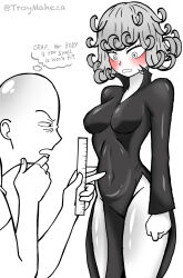  1boy 1girl absurdres bald blush breasts commentary covered_navel dress english_commentary english_text greyscale highres holding_ruler long_dress measuring medium_breasts medium_hair monochrome one-punch_man penis_measuring pointing saitama_(one-punch_man) side_slit spot_color tatsumaki thought_bubble troymaheza twitter_username 