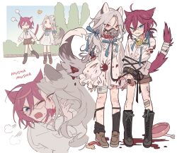  2boys adam_(ensemble_stars!) aged_down angry animal_collar animal_ears bandaged_leg bandaged_tail bandages bell black_socks bleeding blood blood_on_clothes blood_on_hands blood_splatter blue_eyes blue_ribbon blue_sky boots bowl brown_shorts bruise bug bush butterfly collar collared_shirt dog_ears dog_tail ensemble_stars! entangled fangs full_body furrowed_brow gauze green_collar grey_hair hair_between_eyes highres injury insect kemonomimi_mode knee_boots kneehighs leash long_hair long_sleeves looking_at_viewer low_ponytail male_focus meremero multiple_boys multiple_views muzzle neck_bell neck_ribbon one_eye_closed open_mouth pet_bowl pet_food puff_of_air puffy_long_sleeves puffy_sleeves pushing_away ran_nagisa red_collar ribbon saegusa_ibara scowl scratches shirt short_hair shorts sky socks standing tail tears teeth torn_clothes upper_body walking white_shirt 