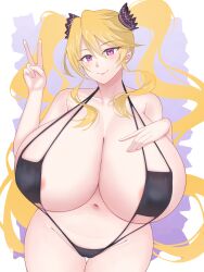  absurdres ardinassau bikini black_bikini blonde_hair blush breasts cindy_magus cleavage eyepatch_bikini final_fantasy final_fantasy_lost_stranger gigantic_breasts hand_on_own_chest highres long_hair navel purple_eyes smile stomach swimsuit twintails v very_long_hair  rating:Questionable score:21 user:100241