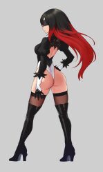  1girl 2b_(nier:automata)_(cosplay) absurdres black_hair blindfold cosplay crossover crow_(gravity_daze) gravity_daze highres multicolored_hair nier:automata nier_(series) red_hair  rating:Questionable score:8 user:allibea