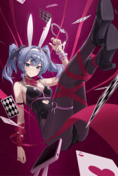  1girl absurdres animal_ears bacon_quiche black_bow black_leotard black_pantyhose blue_eyes blue_hair blurry blurry_foreground bound bound_legs bow breasts card cellphone cleavage closed_mouth clothing_cutout facial_mark fake_animal_ears floating_hair hair_bow hair_intakes hair_ornament hairband hatsune_miku heart_cutout highres leotard medium_breasts nail_polish pantyhose phone playboy_bunny rabbit_ears rabbit_hair_ornament rabbit_hole_(vocaloid) red_nails red_ribbon ribbon short_hair smartphone smile solo stomach_cutout thigh_strap twintails white_hairband x_hair_ornament 