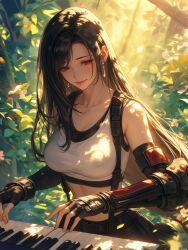  1girl artist_request black_hair breasts dappled_sunlight earrings female_focus final_fantasy final_fantasy_vii final_fantasy_vii_remake forest gauntlets highres instrument jewelry large_breasts leaf long_hair medium_breasts music nature piano playing_instrument red_eyes red_lips skirt smile solo sports_bra sunlight tifa_lockhart tree  rating:General score:9 user:SadSap