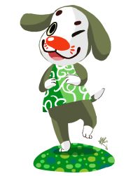  1boy animal_crossing bearxing dog green_shirt looking_at_viewer marcel_(animal_crossing) nintendo one_eye_closed shirt simple_background standing standing_on_one_leg transparent_background 
