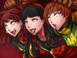  3girls ahegao amagi_yukiko aran_sweater atlus black_hair blush breasts brown_hair cable_knit cardigan clothed_sex crying doggystyle drooling earrings fucked_silly grabbing_another&#039;s_hair group_sex hairband headband hetero implied_sex jewelry kujikawa_rise long_hair megami_tensei multiple_girls open_mouth out-of-frame_censoring persona persona_4 red_hair rolling_eyes saliva satonaka_chie sex sex_from_behind shadow_(persona) shadow_chie shadow_rise shadow_yukiko shin_megami_tensei short_hair small_breasts sweat sweater tears tomboy tongue tongue_out warainaku yellow_eyes  rating:Explicit score:276 user:Trogdor74