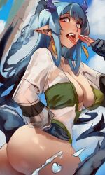 1girl absurdres arknights ass beach blue_hair breasts earrings eating food highres holding holding_food holding_popsicle jewelry koffre3 large_breasts ling_(arknights) looking_at_viewer open_mouth pointy_ears popsicle see-through solo tongue tongue_out