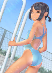  1girl black_hair blue_one-piece_swimsuit blue_sky commentary_request competition_swimsuit highleg highleg_swimsuit highres looking_at_viewer one-piece_swimsuit orange_eyes original outdoors pool short_hair short_ponytail sky smile solo swimsuit tan tanline uzuki_mei 
