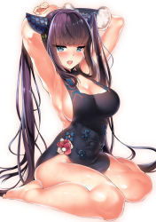 1girl armpits bare_shoulders black_dress blue_eyes blunt_bangs blush breasts china_dress chinese_clothes cleavage detached_sleeves dress fate/grand_order fate_(series) hair_ornament highres kawai_(purplrpouni) large_breasts leaf_hair_ornament long_hair looking_at_viewer presenting_armpit purple_hair short_dress sidelocks simple_background sitting solo thighs twintails very_long_hair white_background yang_guifei_(fate) yang_guifei_(second_ascension)_(fate) rating:Sensitive score:21 user:danbooru