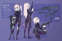  3girls \||/ animal_ears armor ass blue_eyes bodysuit breasts cameo cat_ears cat_girl cat_tail character_profile chest_harness chibi chibi_inset closed_mouth contrapposto elbow_pads expressionless full_body gun hair_ornament hand_up handgun harness holding holding_gun holding_weapon impossible_bodysuit impossible_clothes knee_guards large_breasts long_hair looking_up magari_(c0rn3r) mass_production_nora_cat mechanical_ears mechanical_tail medium_hair multiple_girls nora_cat_channel parted_lips pink_hair profile purple_background purple_bodysuit reloading rifle scp-040-jp scp_foundation shoulder_armor side_ponytail skin_tight sniper_rifle squatting standing submachine_gun suppressor tactical_clothes tail translation_request trigger_discipline weapon 
