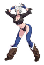  1girl ahoge angel_(kof) belt boots breasts chaps cleavage closed_mouth collarbone cropped_jacket fingerless_gloves fingernails full_body gloves hair_over_one_eye hands_up horns_pose index_finger_raised jacket knee_boots kotobukiya_bishoujo large_breasts leather leather_jacket lips navel official_art panties short_hair simple_background sleeves_rolled_up smile snk stomach the_king_of_fighters the_king_of_fighters_2001 underwear white_background white_hair yamashita_shun&#039;ya zipper zipper_pull_tab 