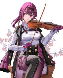  1girl artist_name black_coat black_footwear boots breasts coat collared_shirt commentary_request flower glasses gloves highres holding holding_instrument holding_violin honkai:_star_rail honkai_(series) instrument kafka_(honkai:_star_rail) large_breasts long_sleeves looking_at_viewer mitsukayurie parted_lips pince-nez purple_eyes purple_gloves purple_hair shirt smile solo thigh_boots thighs violin white_background white_shirt 