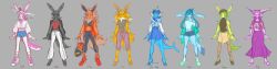  6+girls absurdres animal_ears bag beret blue_hair blue_skin boots colored_skin creatures_(company) crop_top dark-skinned_female dark_skin duffel_bag espeon fins flareon furry furry_female game_freak gen_1_pokemon gen_2_pokemon gen_4_pokemon gen_6_pokemon glaceon green_hair grey_background hat head_fins highres jolteon leafeon long_hair long_image long_skirt long_sleeves midriff multiple_girls nintendo noru_(noruru3737) pants pokemon sandals see-through shoes short_hair short_shorts short_sleeves shorts sketch skirt slippers sneakers sylveon tail twintails umbreon vaporeon very_long_hair wide_image 