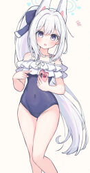  1girl animal_ears bare_legs bare_shoulders blue_archive blue_halo blue_one-piece_swimsuit blush cellphone collarbone covered_navel fake_animal_ears feet_out_of_frame flat_chest frilled_one-piece_swimsuit frills grey_hair hair_between_eyes halo highres holding holding_phone long_hair looking_at_viewer miyako_(blue_archive) miyako_(swimsuit)_(blue_archive) off-shoulder_one-piece_swimsuit off_shoulder official_alternate_costume one-piece_swimsuit open_mouth phone ponytail purple_eyes rabbit_ears sateto_(user_knrf2332) simple_background smartphone solo swimsuit white_background 